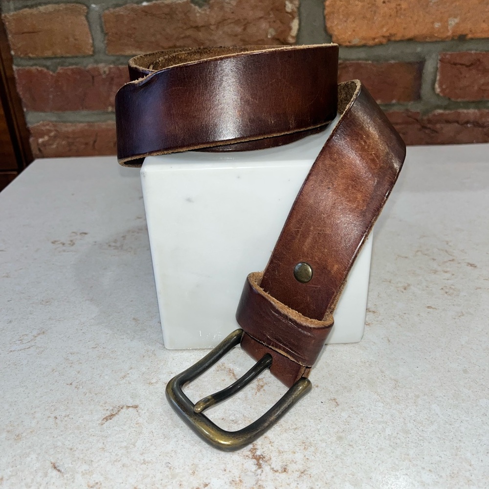 Vintage Brown Leather Belt Brass Buckle Sz 40